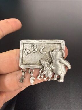 Silver-Tone ABC Chalkboard Bear & Friends Brooch